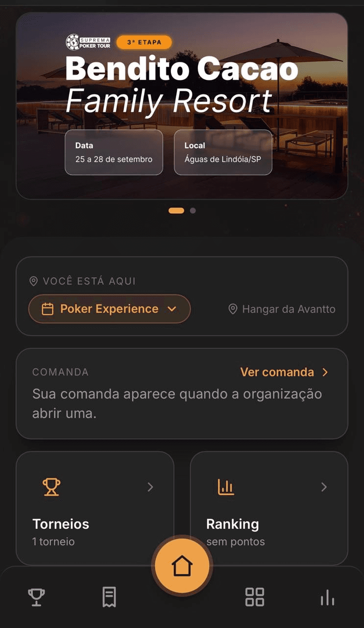 App do jogador do StackPlus: próxima etapa, comanda, torneios e ranking