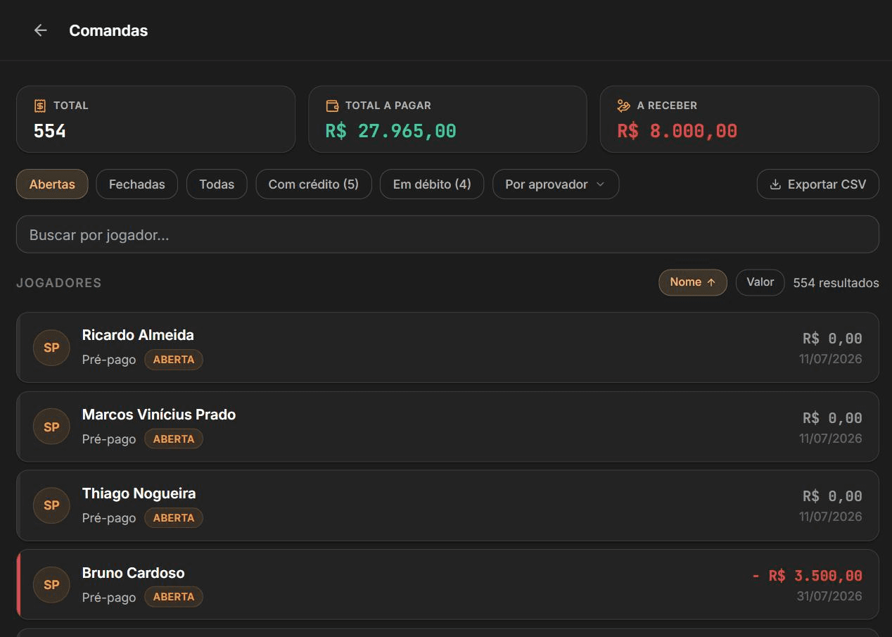 Tela de comandas do StackPlus com o total a pagar e a receber do evento